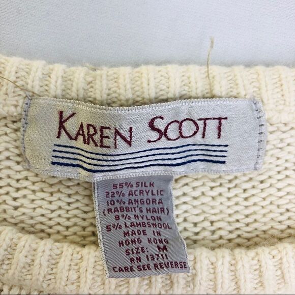 KAREN SCOTT🧶Beaded Sequin Long Sleeve Sweater Scoop Neck🧶Cream White Flowers - Picture 10 of 12